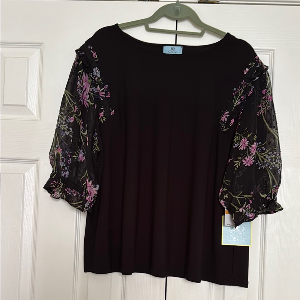 CeCe Black Ruffled Blouse with Puff Sleeves, Size 3X